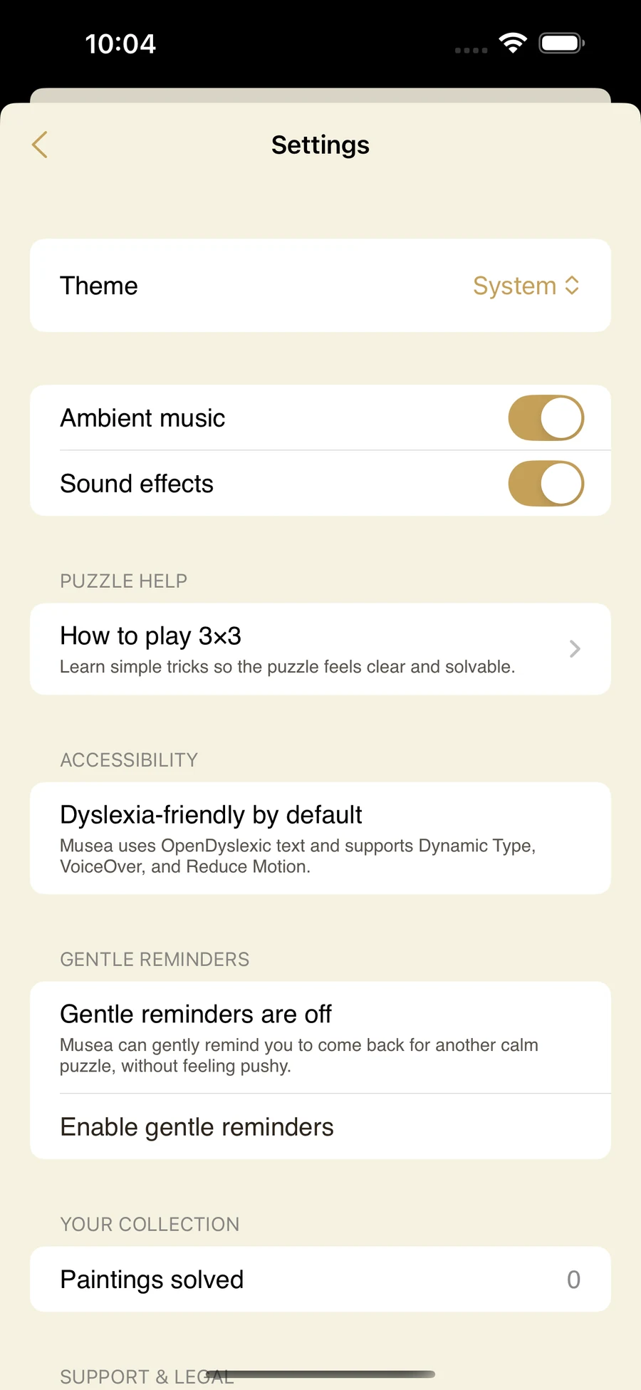 Musea settings on iPhone